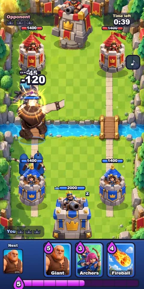 Arena Duel: A giant knight crosses the bridge. Play the right counter.