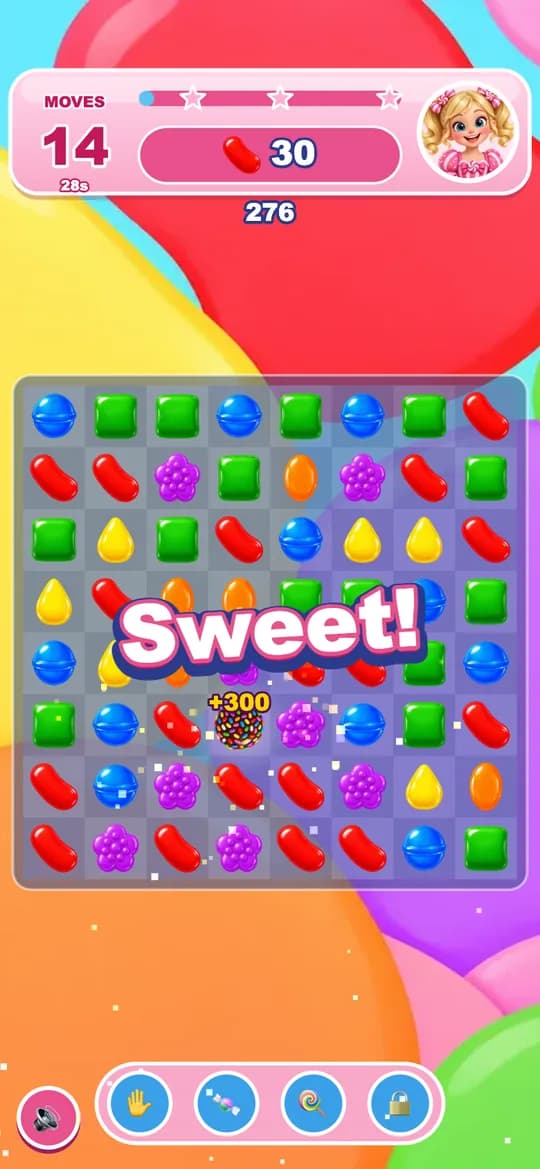 Candy Crush Saga – Match-3 Playable: Make a colour bomb, blast every red and collect 30 in 15 moves.