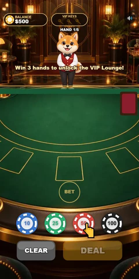 Coco's VIP Lounge: Five hands of blackjack with a dog dealer; three wins open the VIP door.
