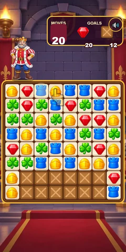 Crown Match: Twenty moves to collect the gems, break the boxes and build the castle.