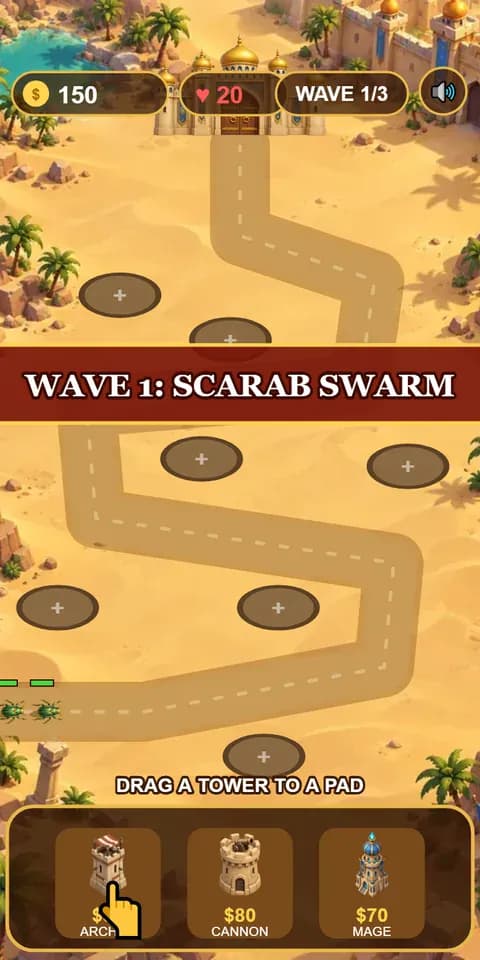 Desert Kingdom Defense: Archer, cannon and mage towers against scarabs, camel riders and a sand golem.