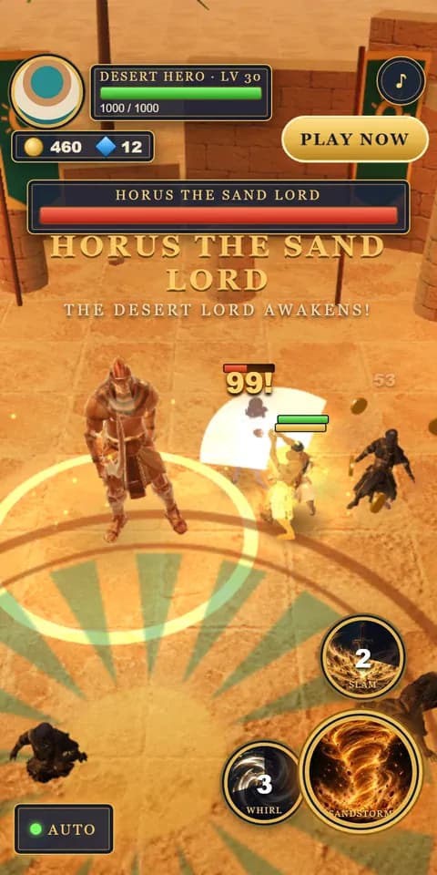 Desert Warrior: Three skills, two hero allies and a sand lord rising from the dunes.