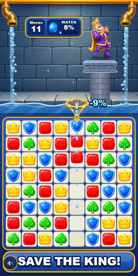 Flood Rescue: Every match drains the flood before the King is swept away.