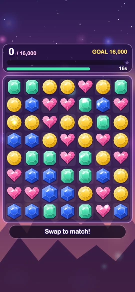 Gem Rush: A 20-second gem sprint: rockets, colour bombs and a gem-rain finale.
