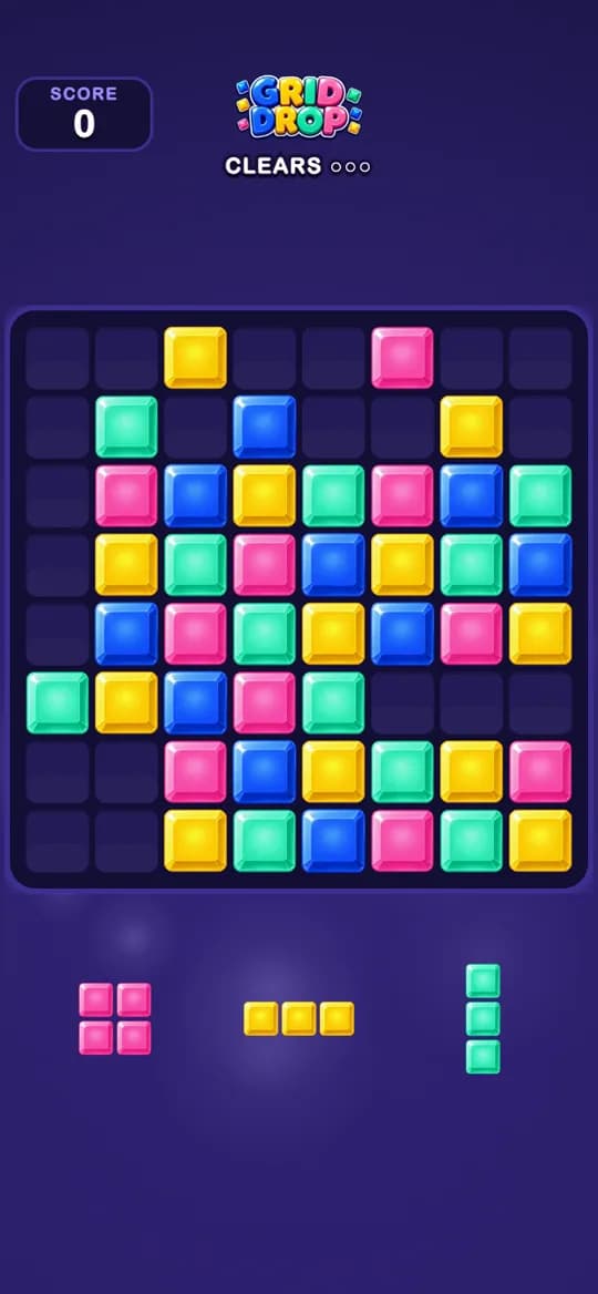 Grid Drop: Drop jewel blocks on a nearly full 8×8 board and clear two lines at once.