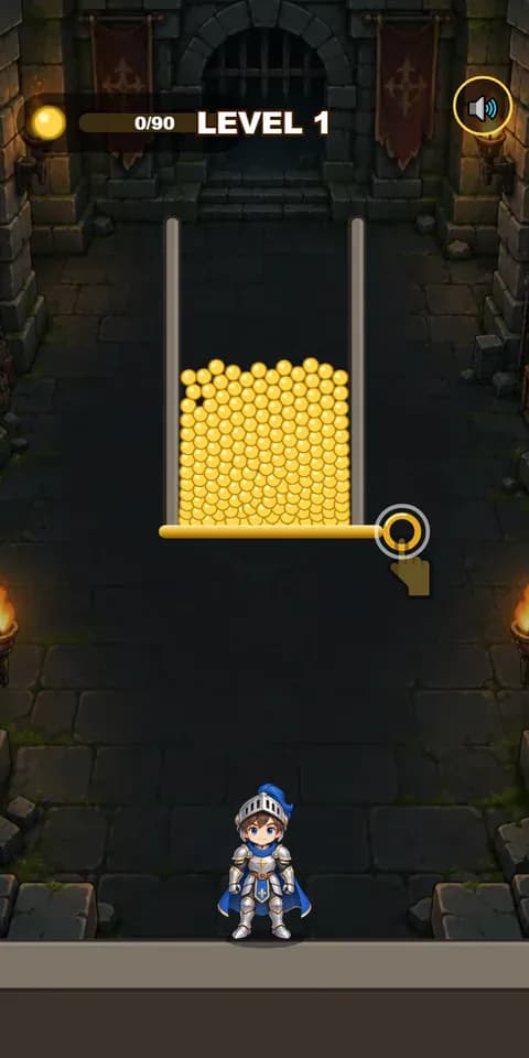 Knight Pin Rescue: Pull the pins in the right order; the gold and lava really fall.