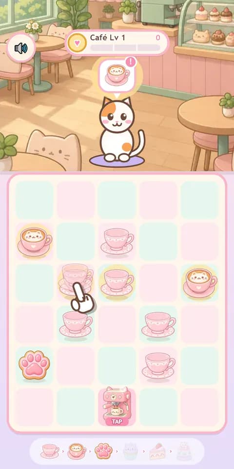 Purrfect Café: Merge cups, cookies and cakes and serve them to the cats.