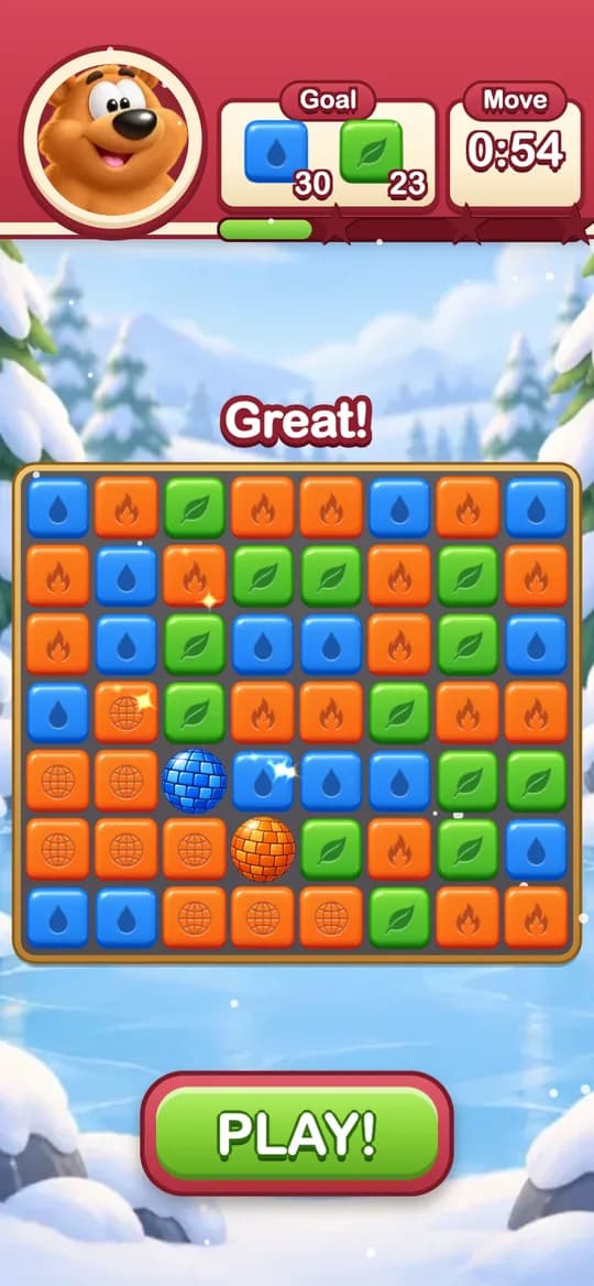 Toon Blast – Tap the Tiles: Tap cube groups, build a disco ball, clear both goals in a minute.