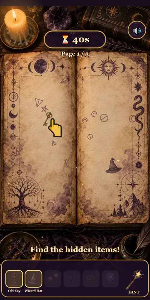 Wizard's Spellbook: Six relics on three pages of an open spellbook, against a 40-second clock.