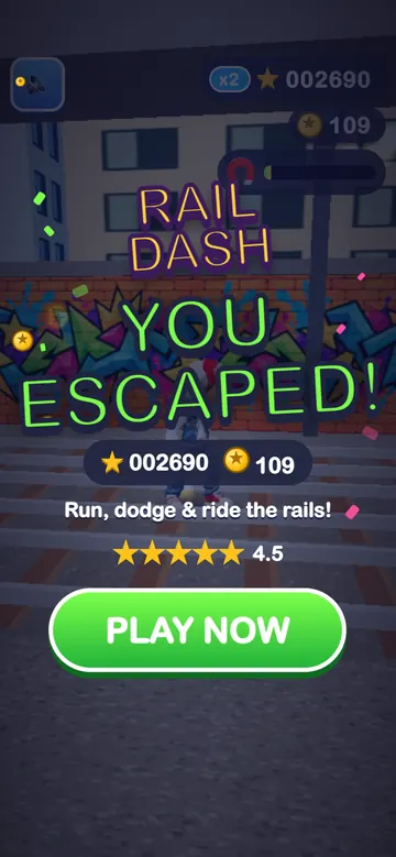 Rail Dash end card, v3: You escaped!, with a Play now button