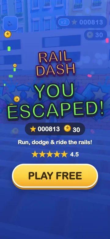 Rail Dash end card, v4: blue, with a Play free button